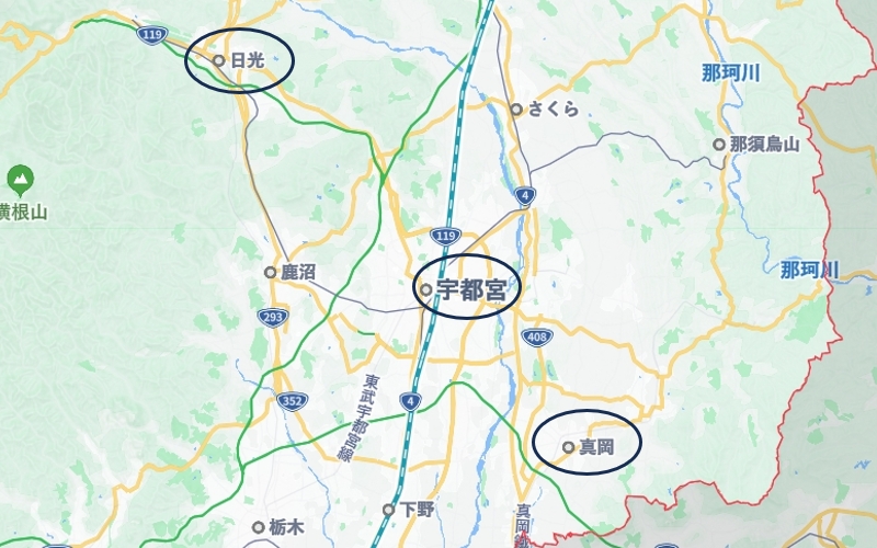 眞杉匠とは？栃木県の地図（宇都宮・真岡・日光の場所）